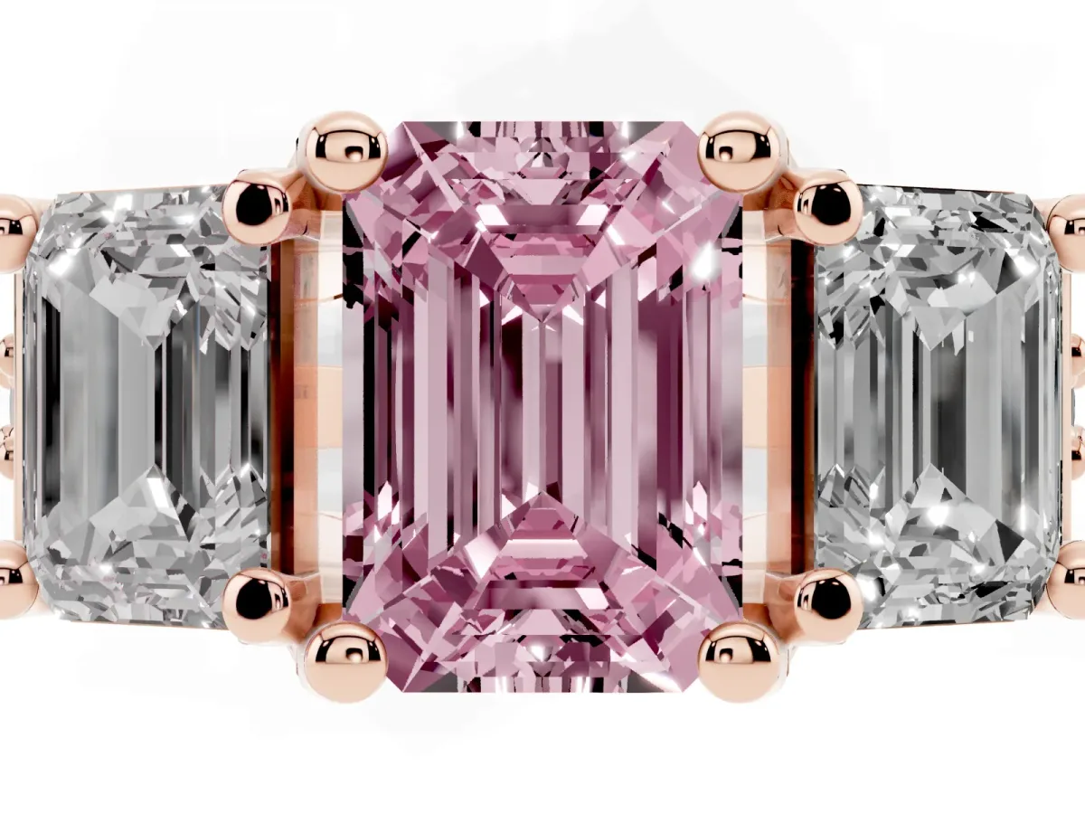 Fancy Pink Emerald Cut Diamond Three-Stone Ring with Channel Set Band and Four-Prong Setting Rose gold