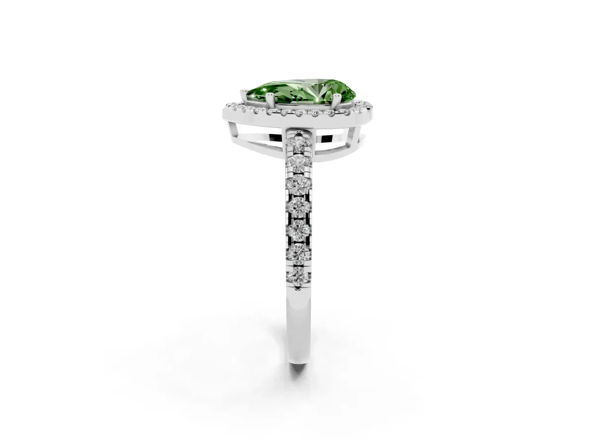 Fancy Green Pear Cut Diamond Halo Ring with Pavé Band and Four-Prong Setting Silver