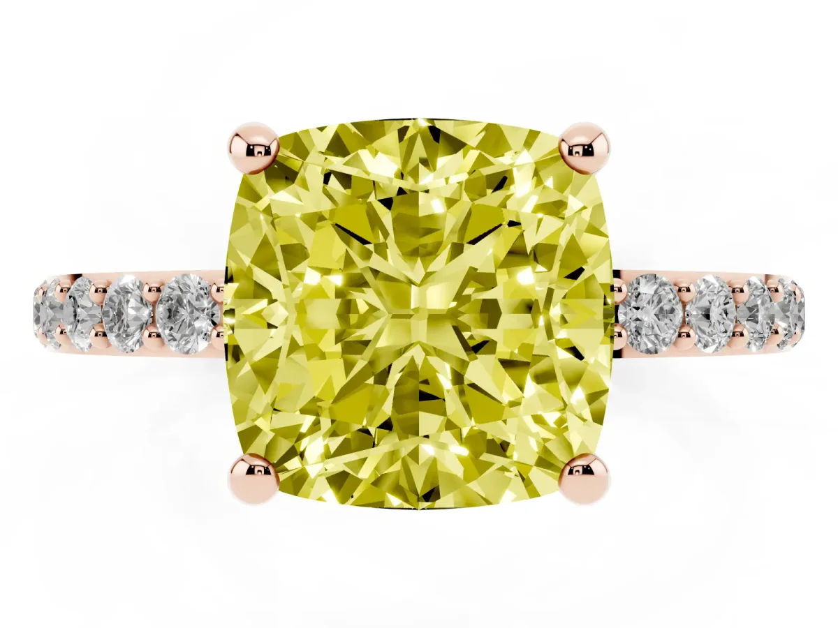 Fancy Yellow Cushion Cut Diamond Solitaire Ring with Round Pavé Band and Prong Setting Rose gold