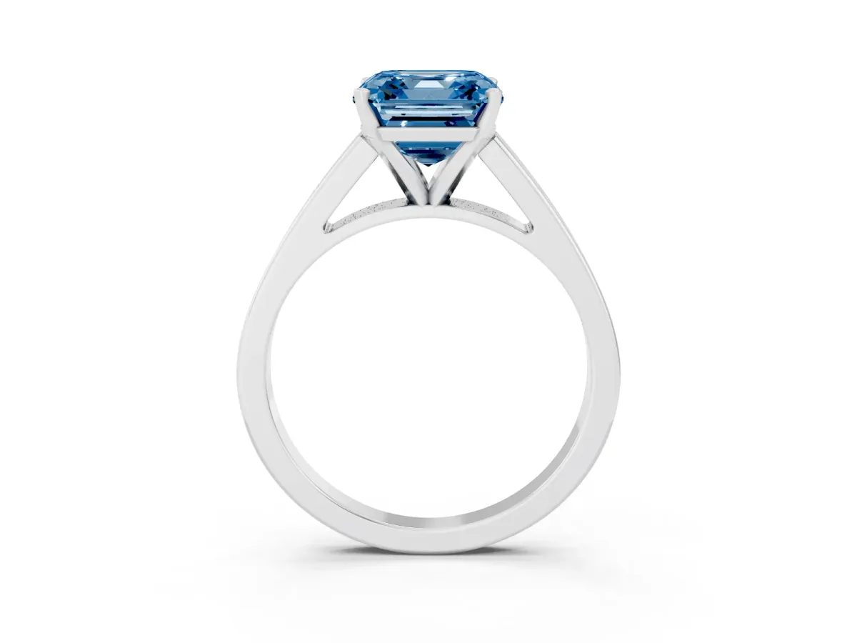 Fancy Blue Asscher Cut Solitaire Engagement Ring with Four-Prong Setting and Tapered Band Silver