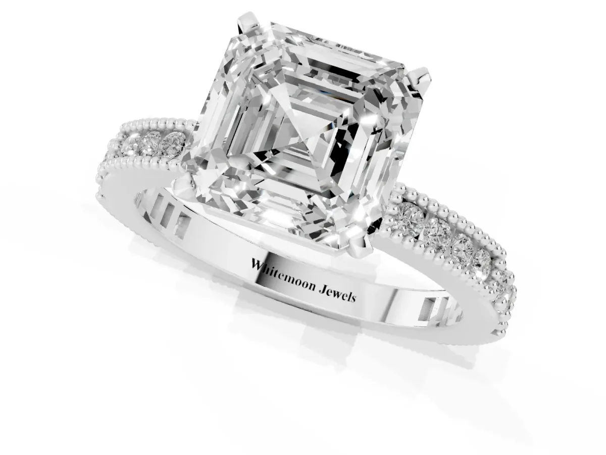 Asscher Cut Solitaire with Pavé Band and Four-Prong Setting Silver