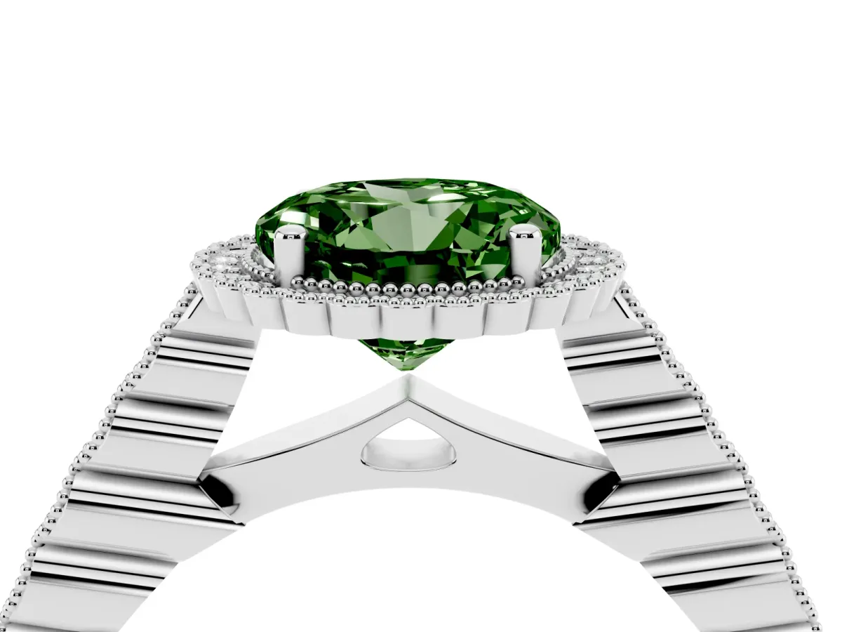 Fancy Green Round Cut Cut Halo Pavé Solitaire Ring with Milgrain Band Silver