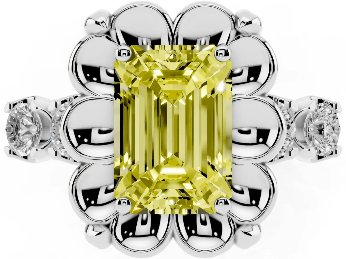 Fancy Yellow Emerald Cut Cut Diamond Floral Halo Engagement Ring with Shared Prong Setting Silver