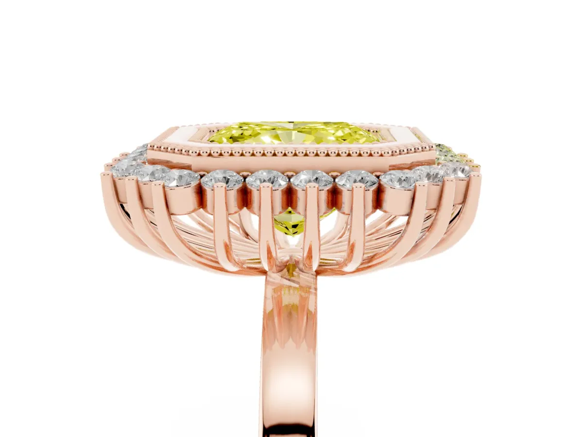 Fancy Yellow Radiant Cut Halo Diamond Ring with Milgrain Edge and Round Prong Setting Rose gold