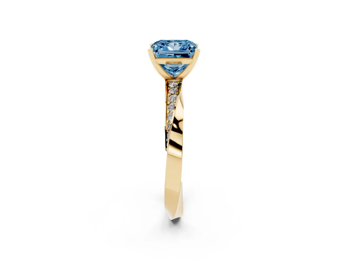 Fancy Blue Princess Cut Diamond Engagement Ring with Side Stone Accents and Four-Prong Setting Yellow gold