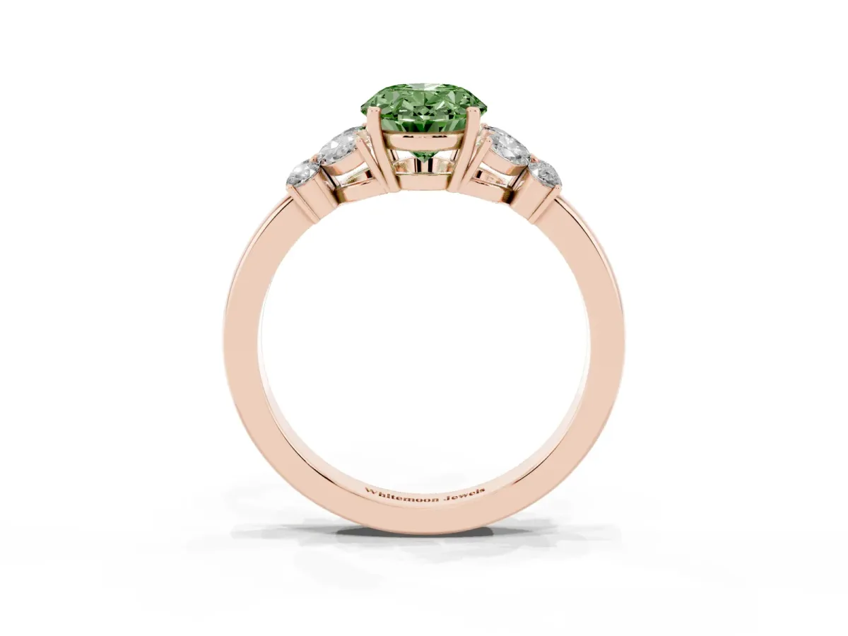 Fancy Green Oval Cut Cut Solitaire Floral Diamond Ring with Four-Prong Setting Rose gold