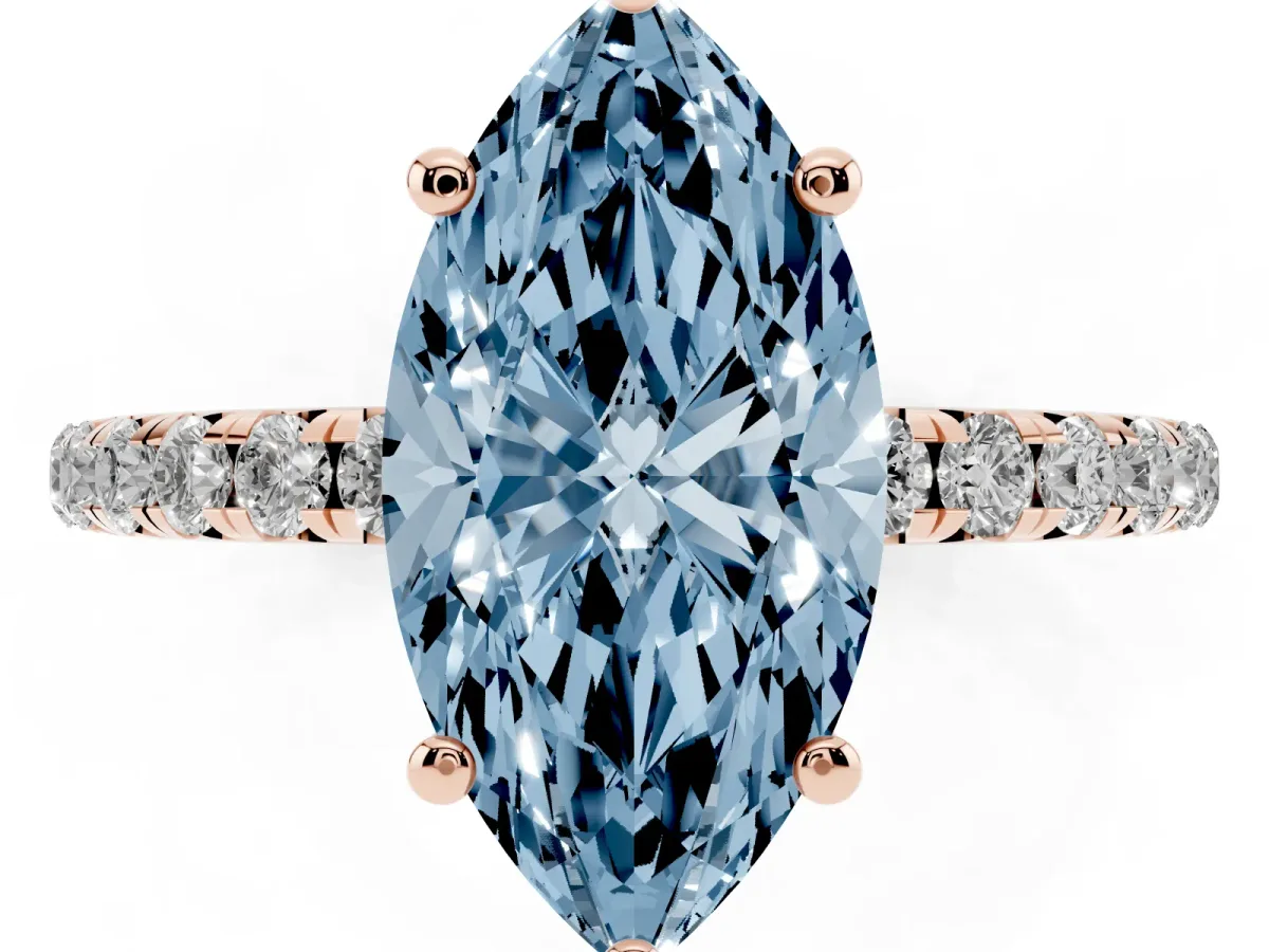 Fancy Blue Marquise Cut Cut Diamond Solitaire Ring with Micro Pave Band and Four Prong Setting Rose gold