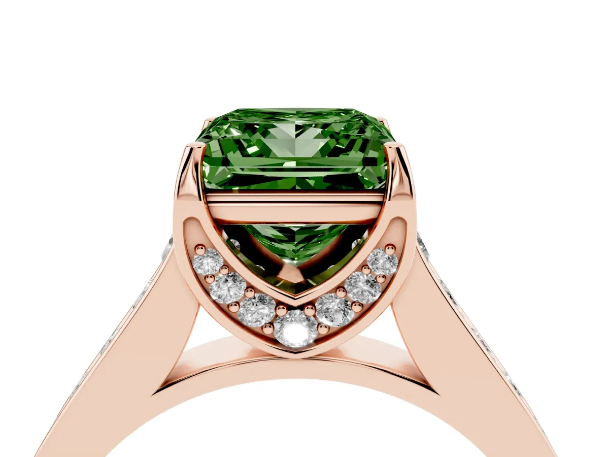 Fancy Green Princess Cut Brilliant Cut Diamond Engagement Ring with Pavé Band and Four-Prong Setting Rose gold