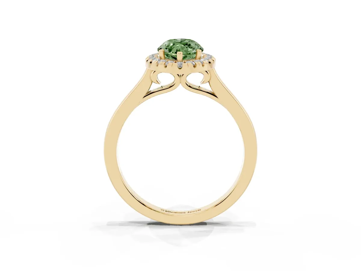 Fancy Green Marquise Cut Halo Round Diamond Solitaire Ring with Pavé Band and Four-Prong Setting Yellow gold