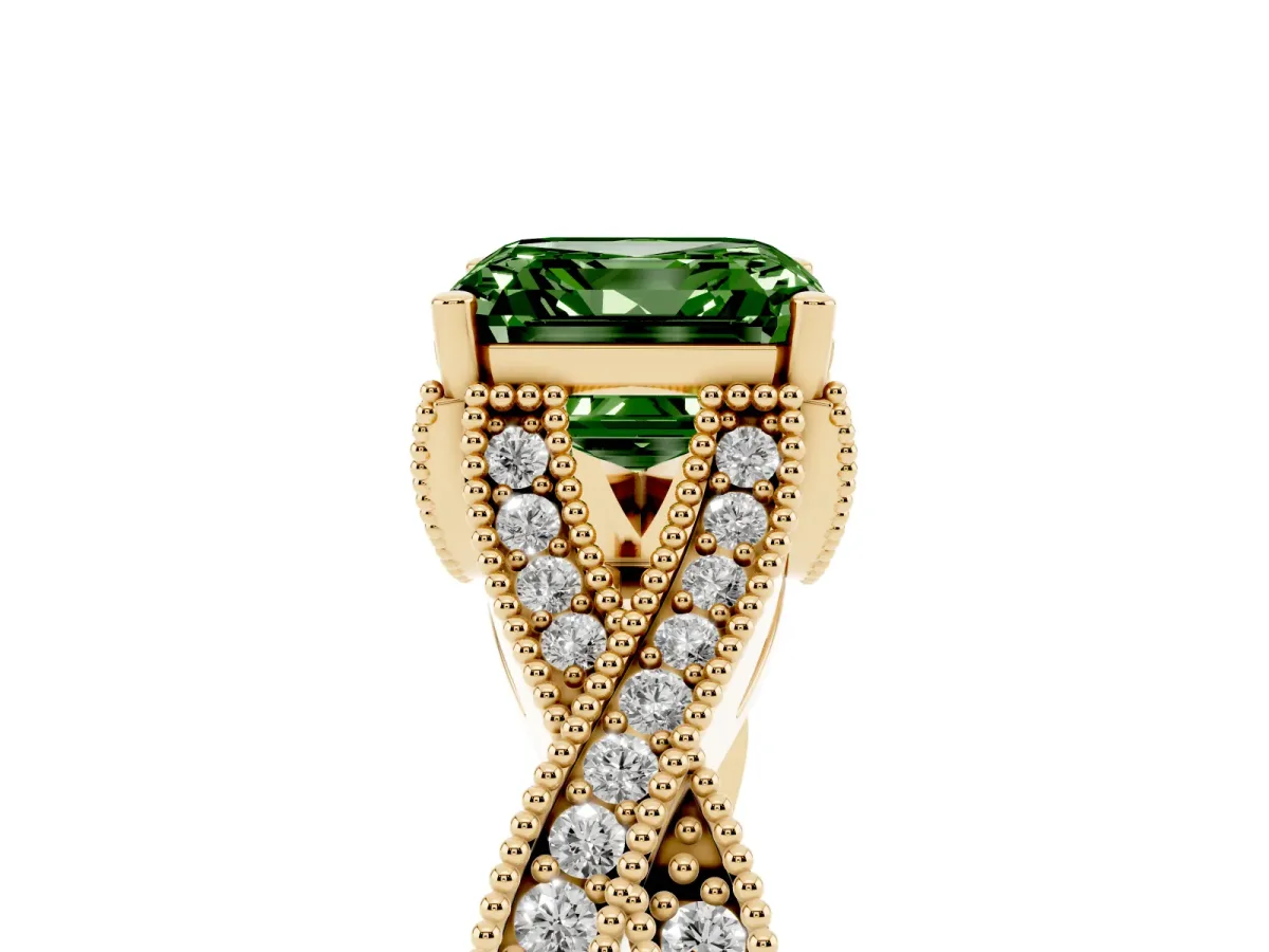 Fancy Green Asscher Cut Cut Diamond Twisted Band with Milgrain Pave Setting and Four-Prong Setting Yellow gold