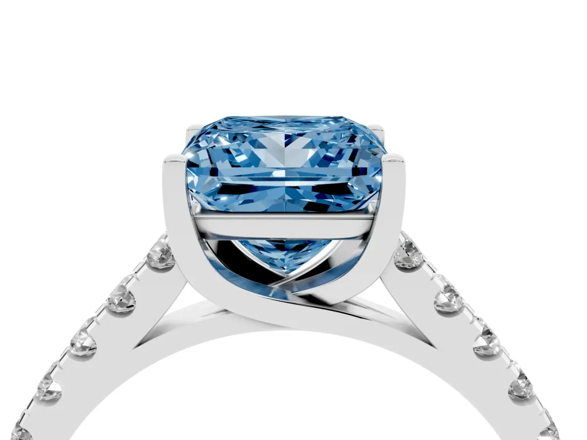 Fancy Blue Princess Cut Diamond Pavé Band Solitaire Ring with Prong Setting Silver