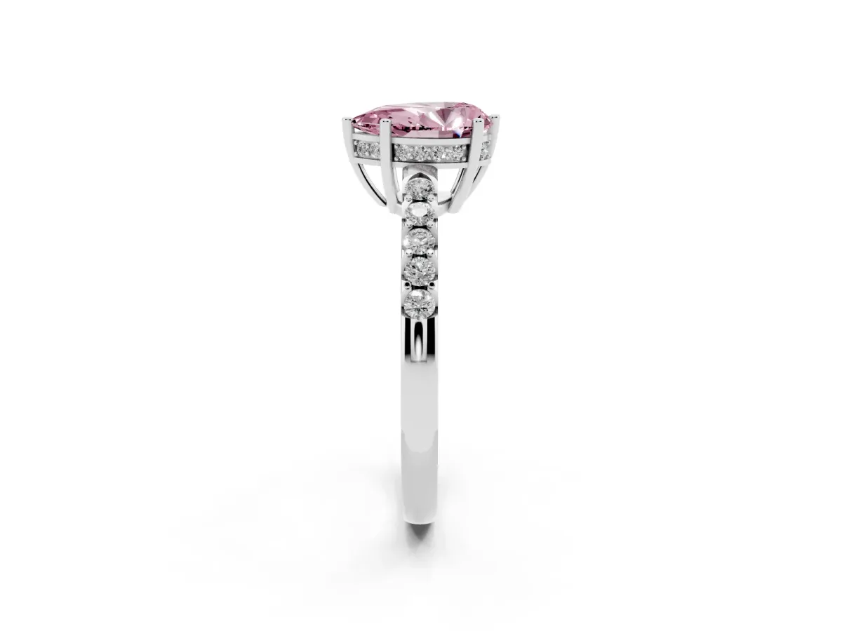Fancy Pink Pear Cut Solitaire Diamond Engagement Ring with Pavé Band and Six-Prong Setting White gold