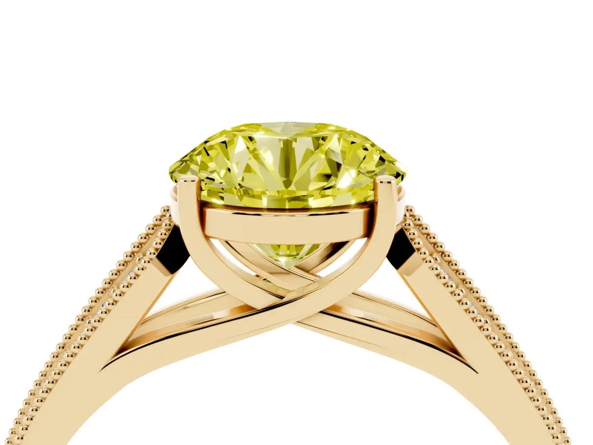 Fancy Yellow Round Cut Cut Pave Split Shank Engagement Ring with Four-Prong Setting Yellow gold
