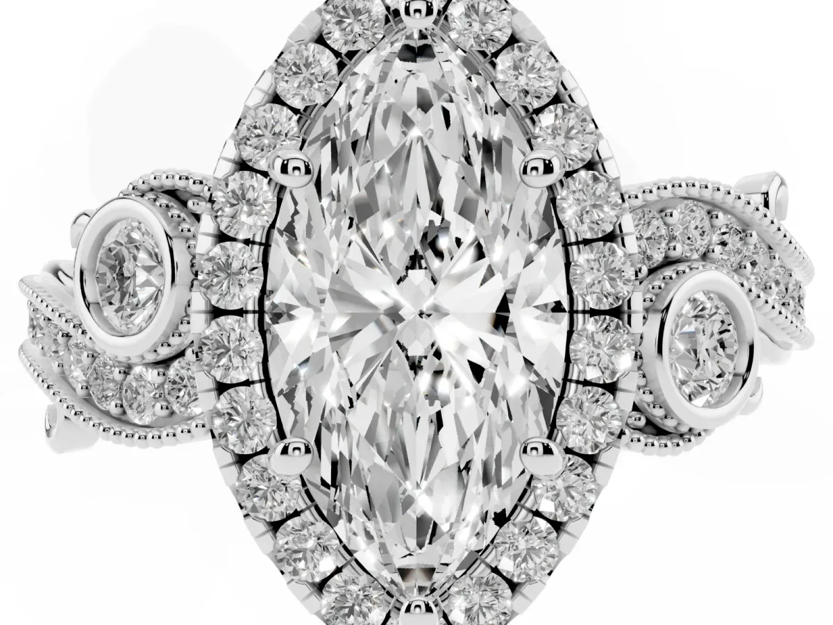 Marquise Cut Diamond Halo Ring with Milgrain Pavé Band and Four-Prong Setting White gold