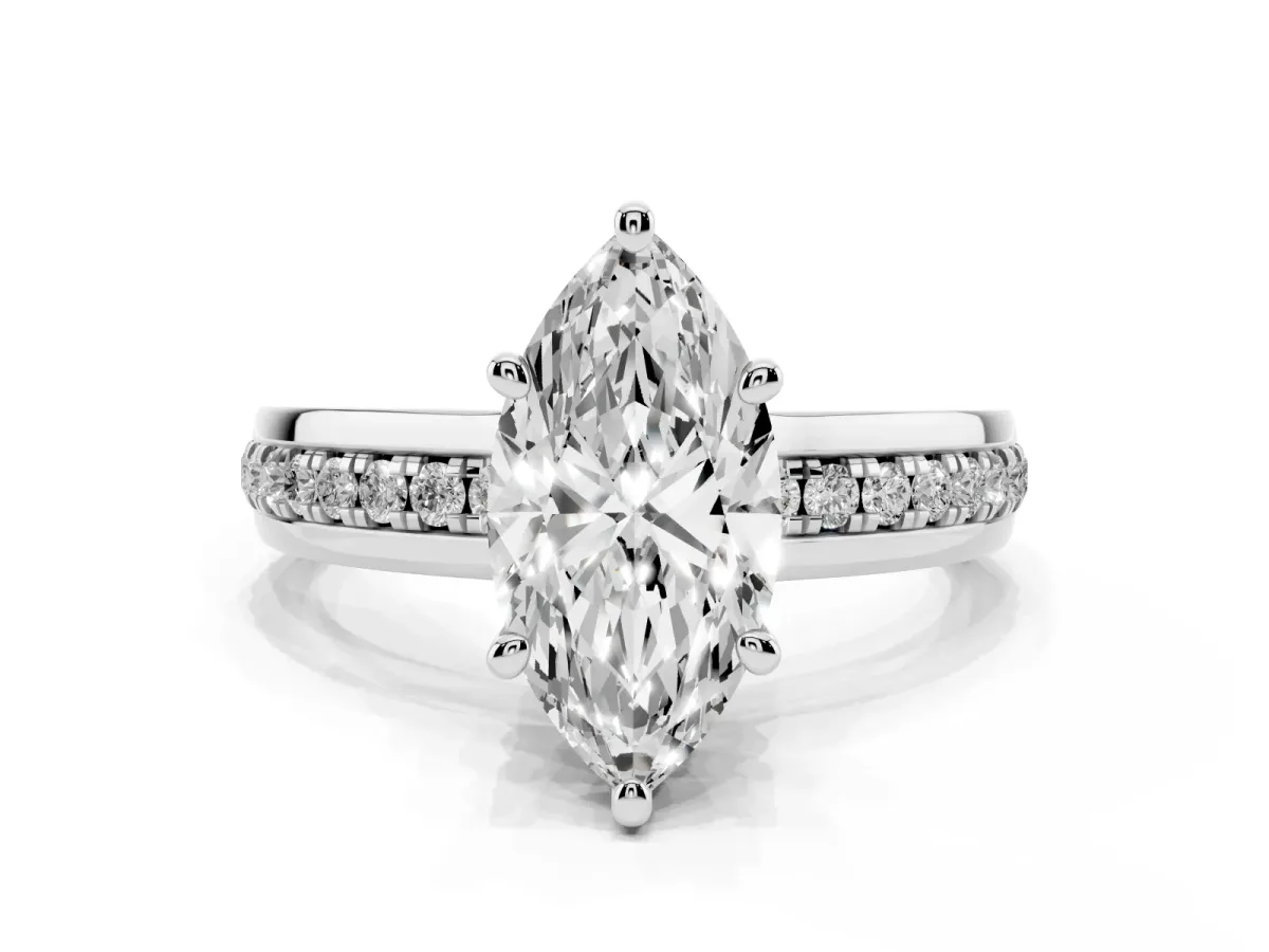 Marquise Cut Solitaire Diamond Ring with Channel Set Band and Six-Prong Setting Silver