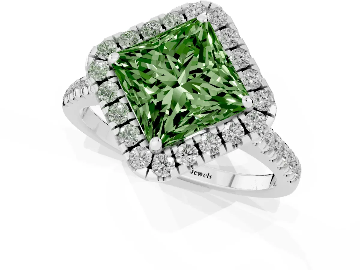 Fancy Green Princess Cut Diamond Cushion Halo Ring with Pavé Band Platinum
