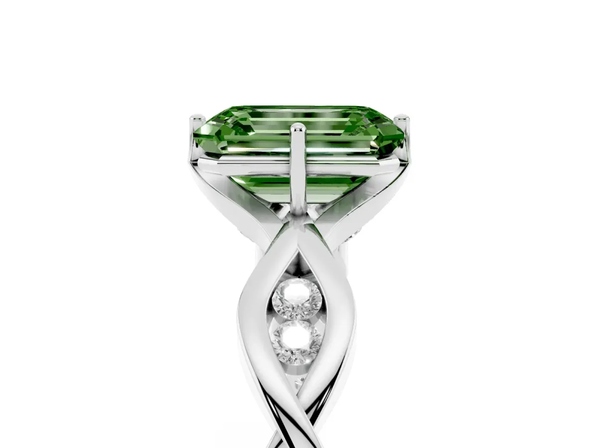 Fancy Green Emerald Cut Solitaire Twist Band with Leaf Prong Setting Silver