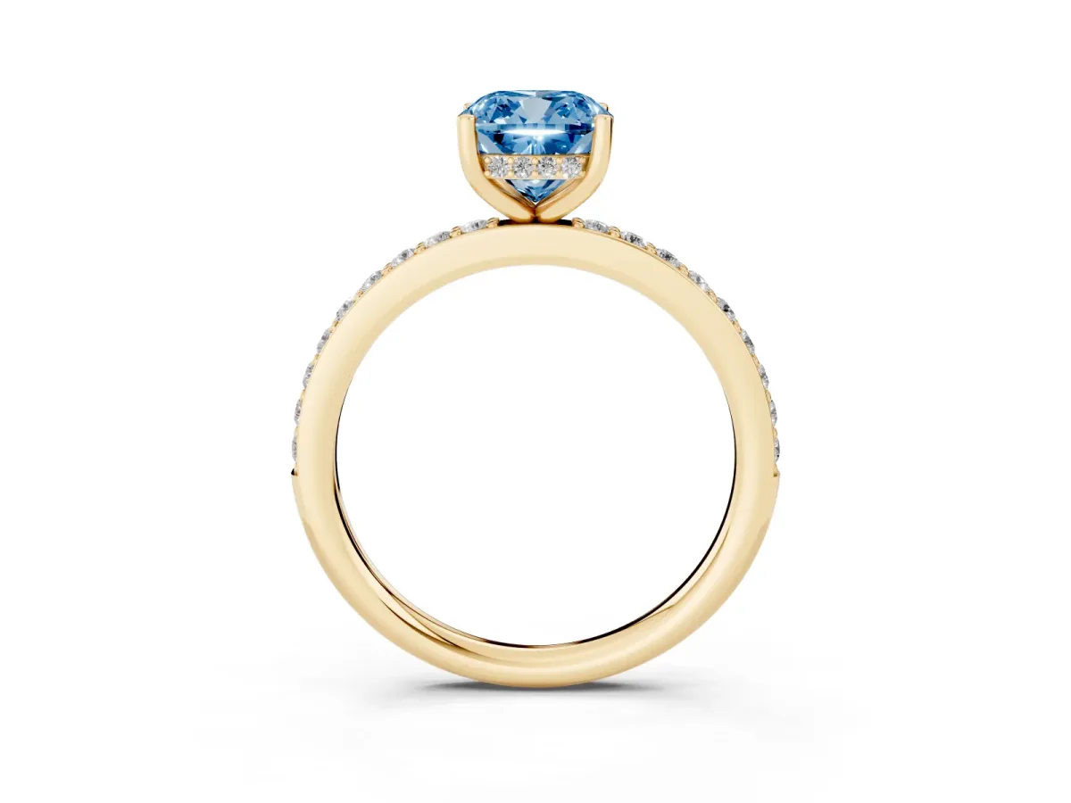 Fancy Blue Cushion Cut Cut Diamond Pavé Band Ring with Four-Prong Setting Yellow gold
