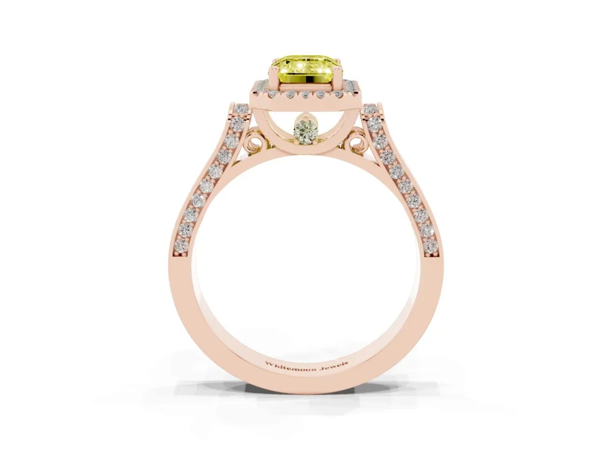 Fancy Yellow Emerald Cut Halo Round Diamond Twist Band with Four-Prong Setting Rose gold