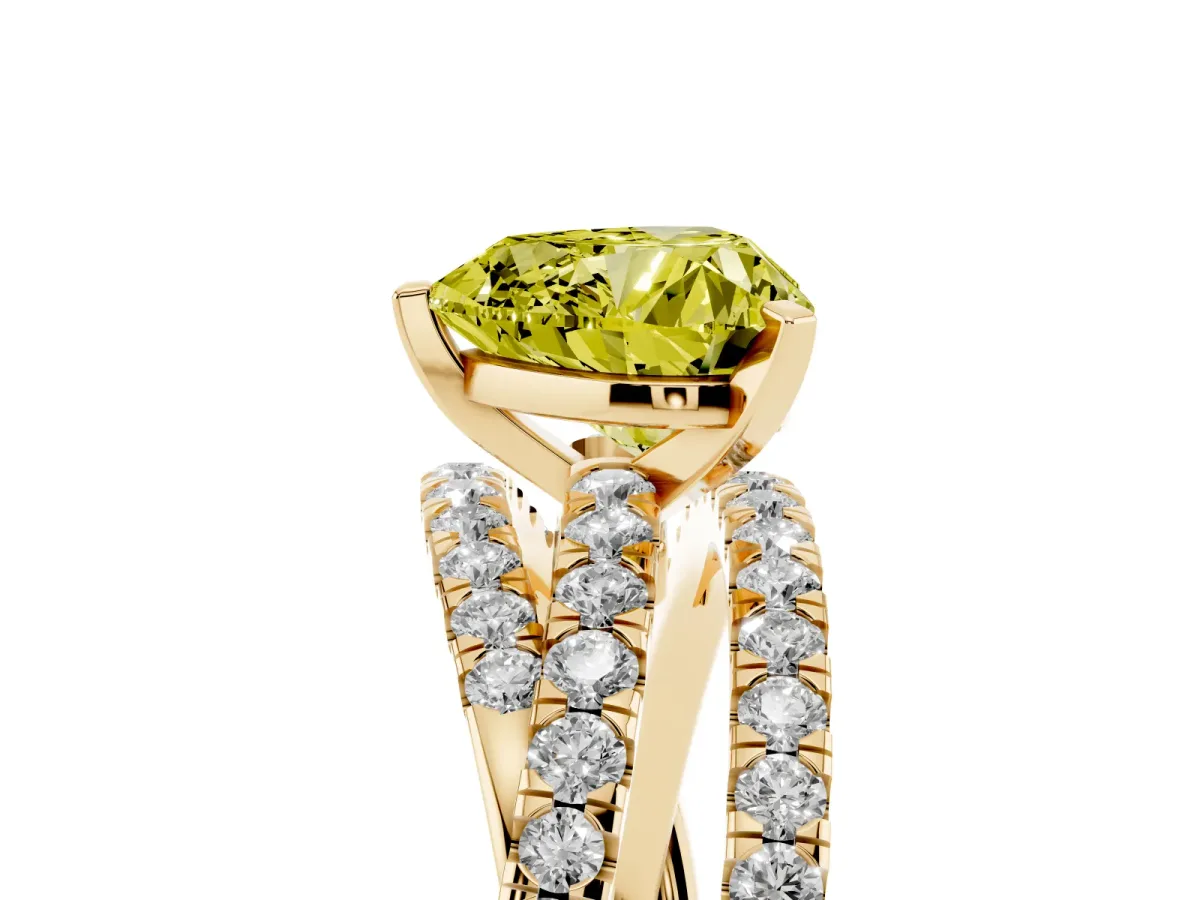 Fancy Yellow Heart Cut Solitaire Twist Band with Pavé Setting and Four-Prong Setting Yellow gold