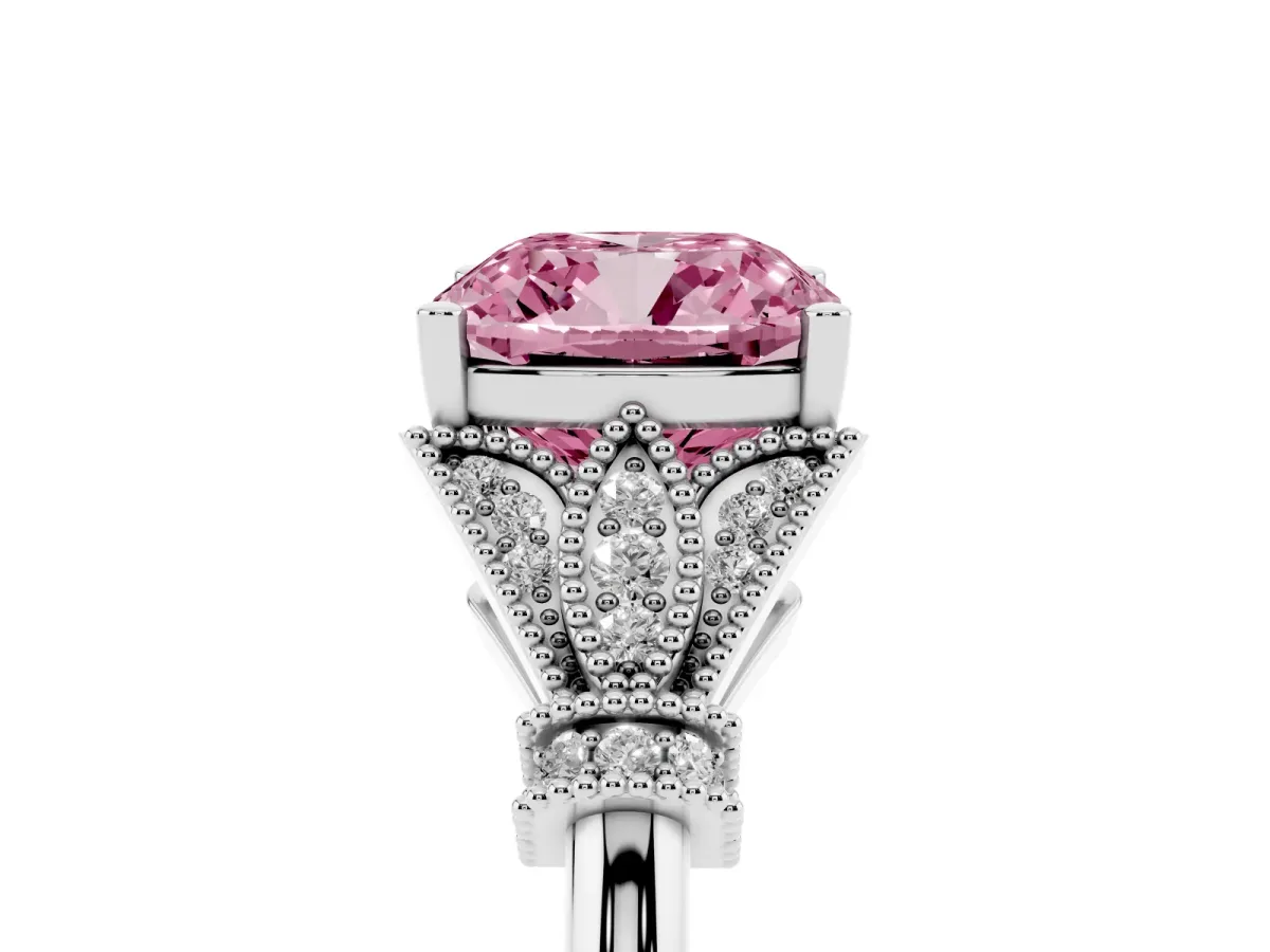 Fancy Pink Cushion Cut Diamond Solitaire Ring with Floral Filigree and Pave Accents Platinum