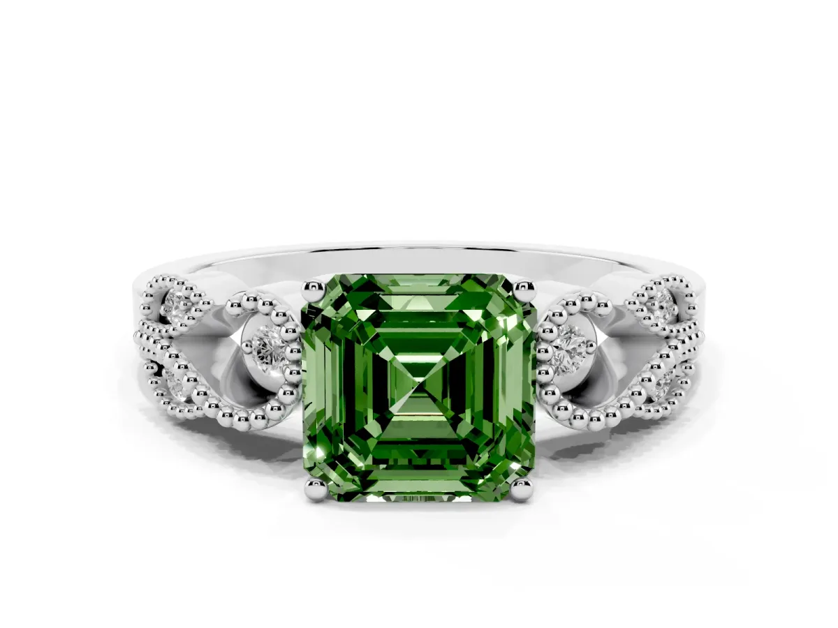 Fancy Green Asscher Cut Solitaire Milgrain Leaf Band with Prong Setting Platinum