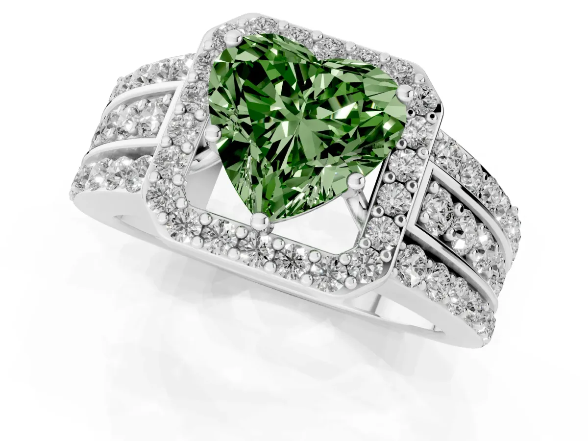 Fancy Green Heart Cut Halo Diamond Ring with Round Split Shank and Prong Setting Silver