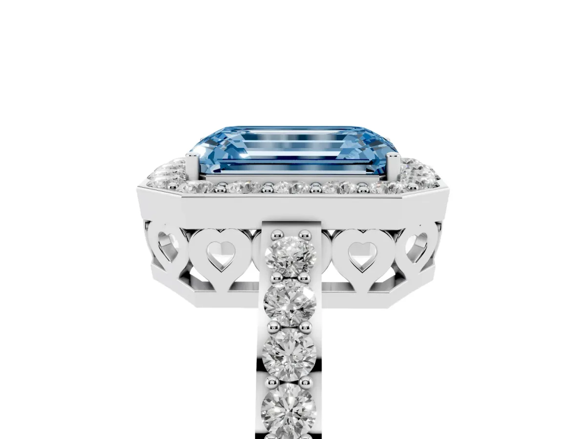 Fancy Blue Emerald Cut Halo Diamond Pavé Band Ring with Prong Setting Platinum