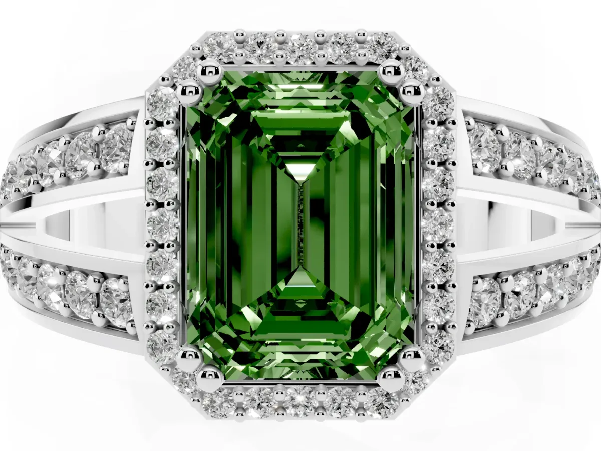 Fancy Green Emerald Cut Diamond Halo Ring with Split Shank Pavé Band and Four-Prong Setting White gold