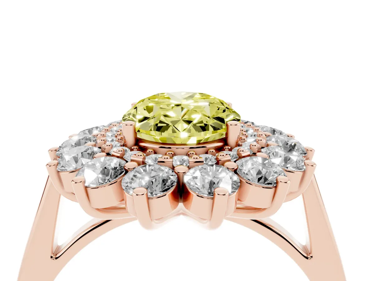 Fancy Yellow Oval Cut Diamond Floral Double Halo Engagement Ring with Prong Setting Rose gold