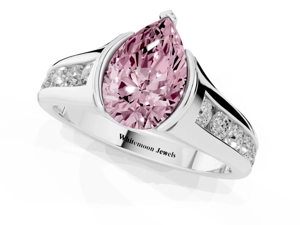 Fancy Pink Pear Cut Solitaire Bezel-Set Diamond Ring with Channel-Set Band Silver