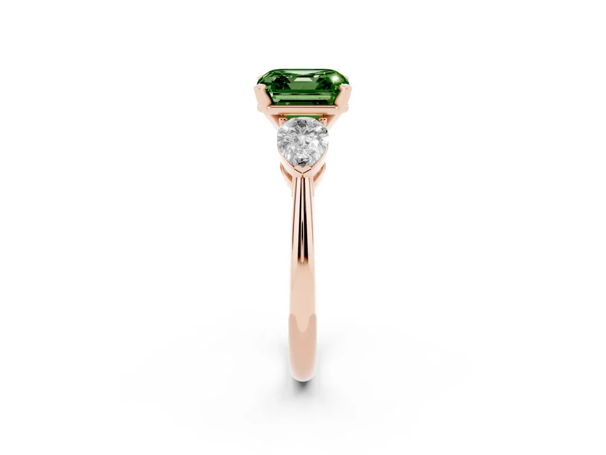 Fancy Green Three-Stone Asscher Cut Diamond Ring with Pear Side Stones and Four-Prong Setting Rose gold