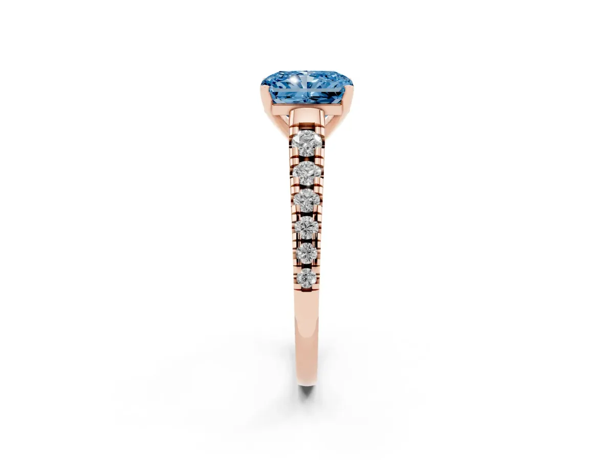 Fancy Blue Radiant Cut Diamond Cathedral Solitaire Ring with Round Pavé Band Rose gold