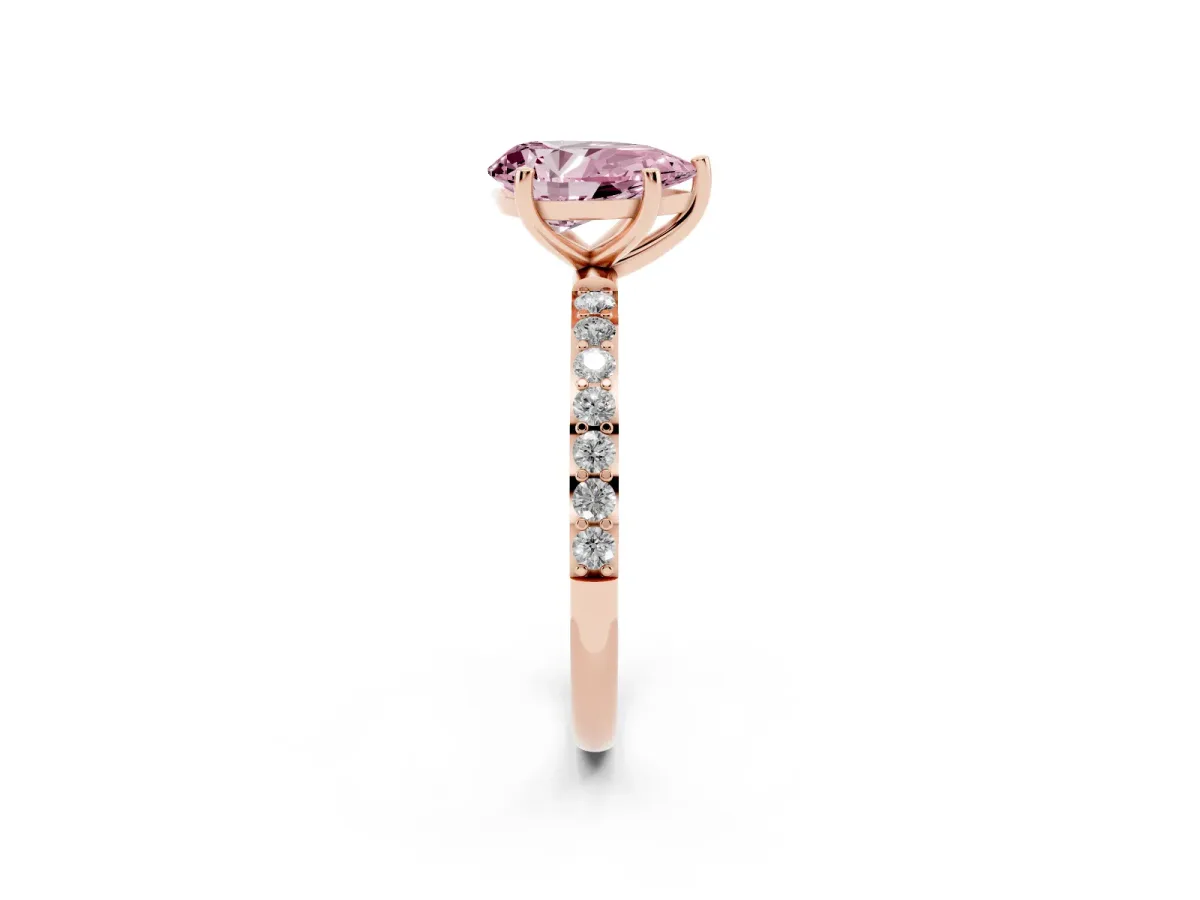 Fancy Pink Pear Cut Diamond Solitaire Ring with Round Pavé Shoulders and Prong Setting Rose gold