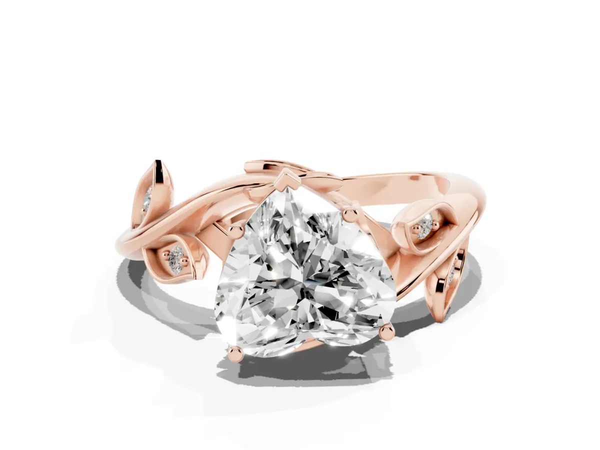 Heart Cut Solitaire Twist Engagement Ring with Leaf Accents and Prong Setting Rose gold