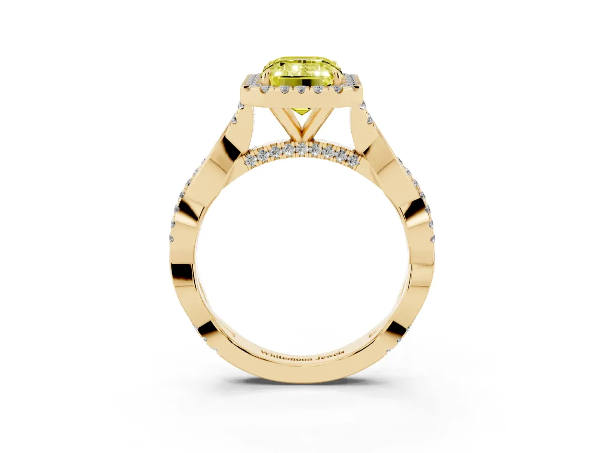 Fancy Yellow Emerald Cut Halo Twist Band Solitaire Ring Yellow gold