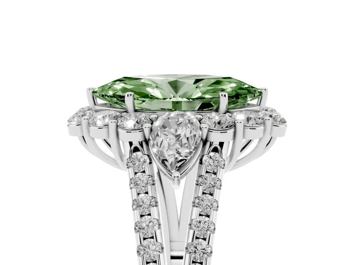 Fancy Green Marquise Cut Halo Split Shank Diamond Engagement Ring with Prong Setting Platinum