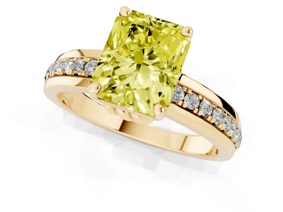 Fancy Yellow Radiant Cut Solitaire Diamond Ring with Channel Set Band and Six-Prong Setting Yellow gold