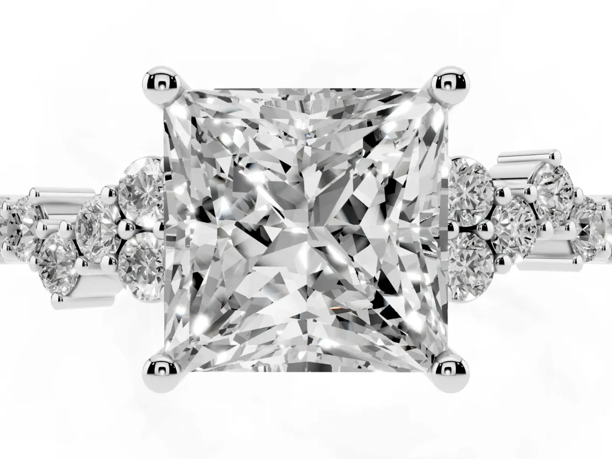 Princess Cut Diamond Scattered Round Accent Ring with Prong Setting Silver