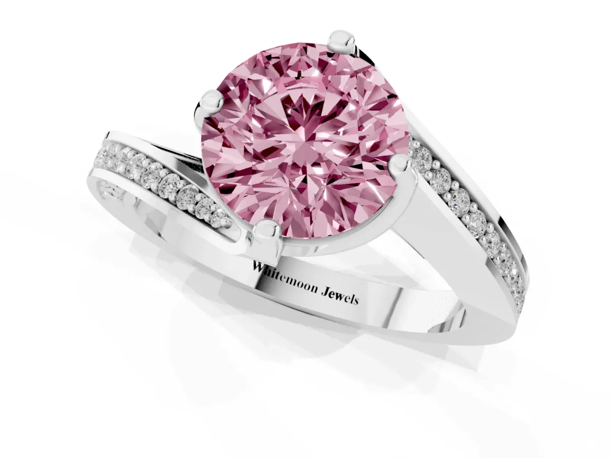 Fancy Pink Round Cut Solitaire Diamond Twist Band with Pavé Setting and Four-Prong Setting Silver