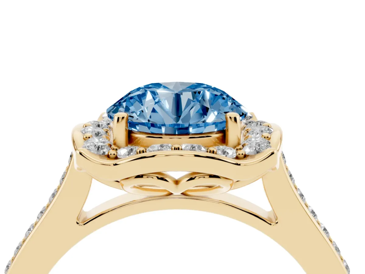 Fancy Blue Round Cut Halo Round Diamond Pave Band with Four-Prong Setting Yellow gold