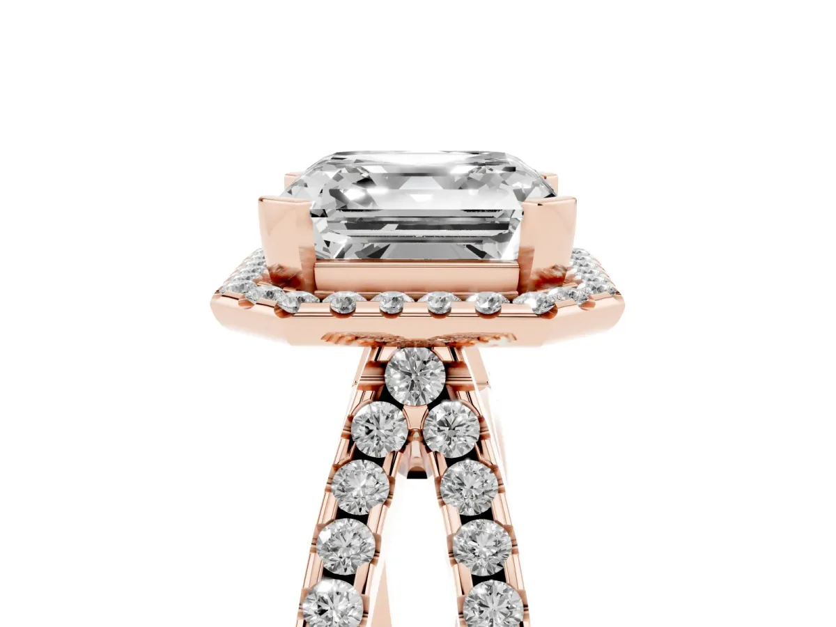 Asscher Cut Diamond Halo Ring with Split Shank Pavé Band and Prong Setting Rose gold