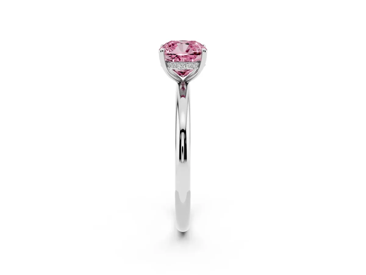 Fancy Pink Cushion Cut Diamond Solitaire Ring with Thin Band and Four-Prong Setting Platinum