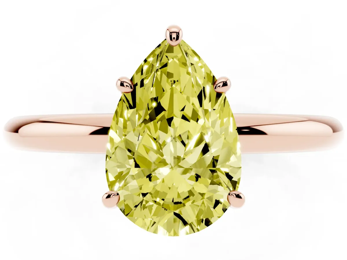 Fancy Yellow Pear Cut Solitaire Diamond Ring with Four-Prong Setting on a Plain Band Rose gold