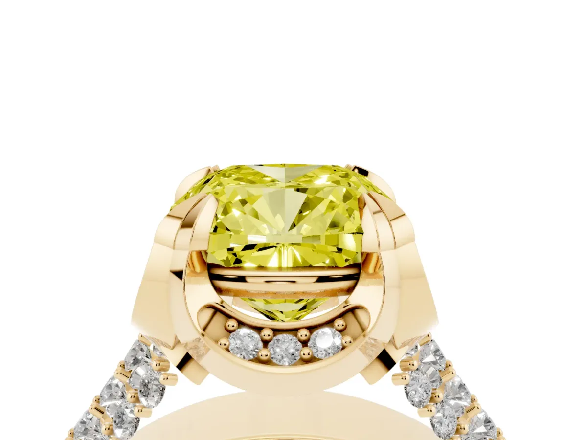 Fancy Yellow Cushion Cut Solitaire Pave Split Shank Ring with Four-Prong Setting Yellow gold