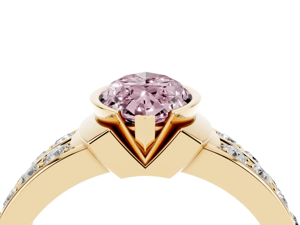 Fancy Pink Marquise Cut Brilliant Diamond Channel Set Wide Band Ring with Bezel Setting Yellow gold