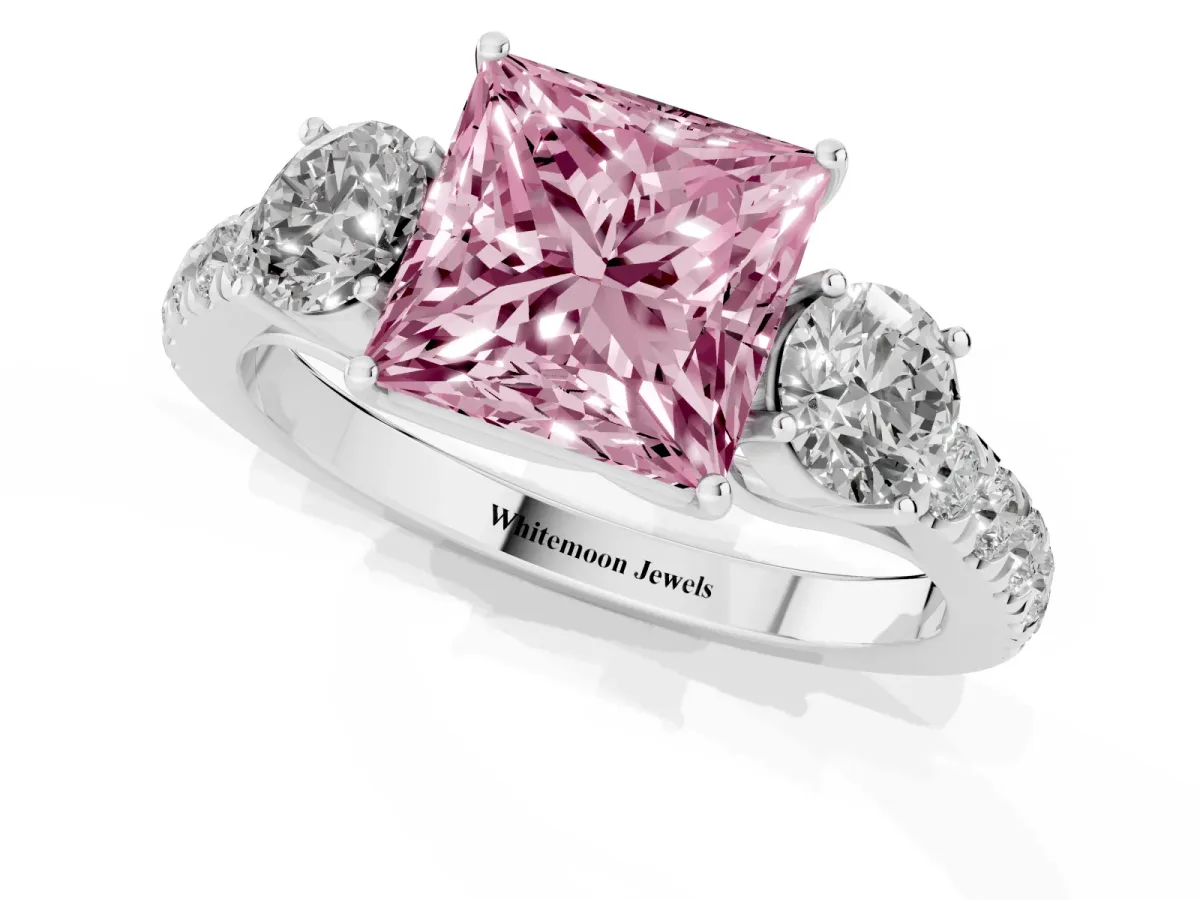 Fancy Pink Princess Cut Cut Diamond Three-Stone Ring with Round Side Stones and Pavé Band Silver