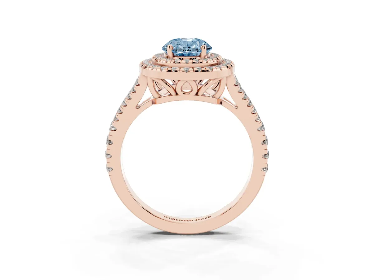 Fancy Blue Oval Cut Diamond Double Halo Ring with Pavé Band and Prong Setting Rose gold