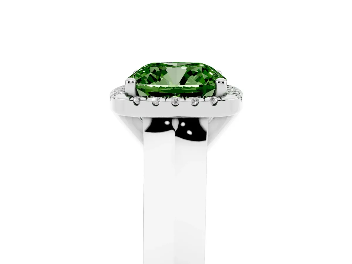 Fancy Green Cushion Cut Halo Diamond Ring with Cathedral Band and Four-Prong Setting Silver