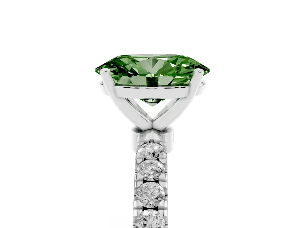 Fancy Green Oval Cut Diamond Solitaire Ring with Pavé Accents and Four-Prong Setting Platinum